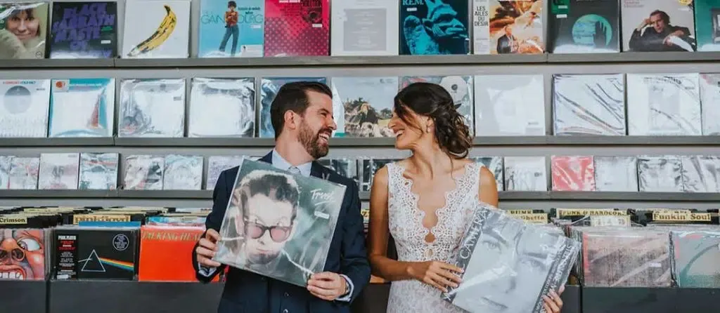 Aimee & Sean. Photo courtesy of Wandermore Photography. Location at Rhino Records outside of Senate Garage Kingston NY.